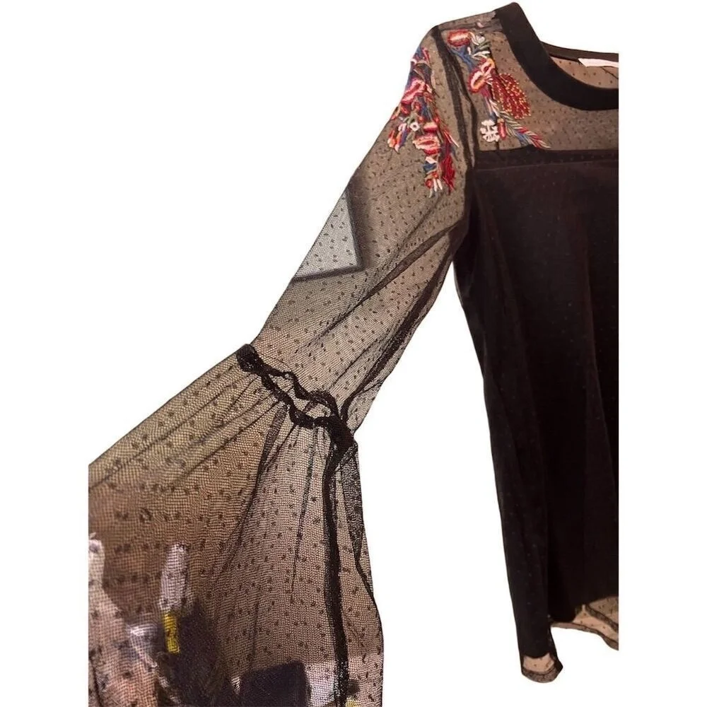 Paradiso Women's Floral Embroidered Mesh Top Black S Bell Sleeves - Picture 3 of 8